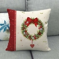Linen Christmas pillowcase featuring a festive wreath and red plaid heart on sofa - Style 10