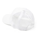 Detail view of white mesh ponytail baseball cap showing breathable holes and back opening - No Label Ponytail Cap / White