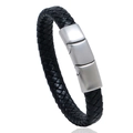 Pulsera de hombre en cuero trenzado negro con cierre magnético de acero inoxidable plateado fondo blanco - Negro