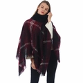 Detail of high neck poncho with burgundy plaid knit fabric and fringe hemline - One Size / Dark Red and Black Plaid