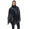 Plaid knitted poncho sweater with high neck and tassels in black and blue colorway - One Size / Blue Black and Grey Plaid