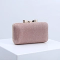 Elegant rose gold glitter evening clutch with pleated texture and golden bow clasp - Lotus root pink