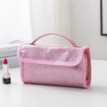 Trousse à maquillage rose pailletée avec bouton pression et poignée pour le voyage - Rose