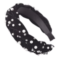Detail of black velvet braided headband featuring white pearls and silver beads - Beaded Black