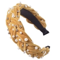 Detail of yellow velvet braided headband featuring white pearls and silver beads - Beaded Yellow