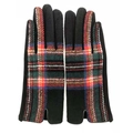 Detail of winter wool gloves with black knit fabric and Scottish tartan pattern on back - One Size / Black