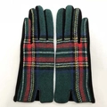 Detail of wool blend plaid gloves with colorful Scottish tartan pattern and black trim - One Size / Green