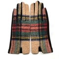 Close-up of multicolor tartan wool fabric gloves with solid black side paneling - One Size / Khaki