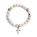 Natural stone beaded bracelet with matte texture and a silver vintage cross pendant - Matte Natural Stone With Silver Cross Charm