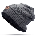 Winter beanie in dark grey knit with warm black fleece lining and brown leather patch - Hat-Adult / Gray