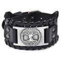 Detail of black leather bracelet featuring a silver Tree of Life Celtic knot metal charm - Black Genuine Leather Antique Silver