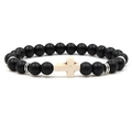 Bracciale elastico con perline di pietra vulcanica nera opaca e ciondolo a croce bianca - Nero Opaco + Croce Bianca