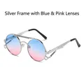 Steampunk round sunglasses with silver metal frame and blue-pink gradient lenses - Silver Frame Blue Pink Lens