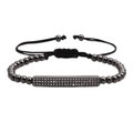 Men's black beaded crown bracelet with pavé rectangle bar on adjustable braided cord - Black White Zircon