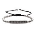 Bracciale intrecciato nero regolabile con perline argento e barra rettangolare zirconi - Argento con zircone nero