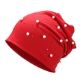Close-up of deep red cotton beanie featuring white faux pearls and black rhinestones - M (56-58cm) / Red