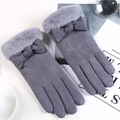 Elegante graue Wildlederhandschuhe mit Pelzmanschetten und Schleife für Damen im Winter - Einheitsgröße / Wildleder Schleife Grau