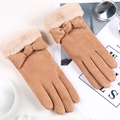 Damenhandschuhe aus Kamel-Wildlederimitat mit Plüschmanschetten und Schleifenakzent - Einheitsgröße / Wildleder Schleife Kamel