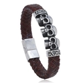 Bracciale da uomo in pelle intrecciata marrone con tre teschi in metallo argento e perline - 20.5CM / Marrone Scuro