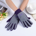 Winter thermal fleece gloves in purple and gray patchwork with NJBEI embroidery - One Size / Women's Purple Patchwork Grey