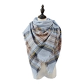 Blue-grey and brown plaid cashmere-feel scarf with fringes on a model - A115 Blue Grey Brown Plaid