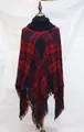 Women's turtleneck knit poncho sweater featuring red and black plaid patterns with fringe - One Size / Red/Black Plaid