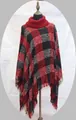 Women's plaid oversized knit poncho with turtleneck and tassel fringe in red and black - One Size / Red/Black Plaid