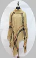 Plaid turtleneck poncho sweater with fringe hem in beige, black and red checkers - One Size / Beige Red and Black Plaid