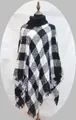 Women's black and white checkered turtleneck knit poncho with decorative fringe trim - One Size / Black and White Diagonal Plaid