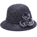 Elegant dark grey wool felt cloche hat with three faux fur pom-poms for autumn winter - One Size / Gray