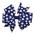 Dark blue grosgrain bow hair clip for girls with white daisy and pink floral dot prints - Navy Blue Daisy