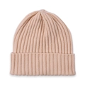 Detailed close-up of beige ribbed knit texture and wide folded cuff on a soft beanie - Beige