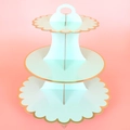 Three-tier mint green cardboard cupcake stand with gold scalloped edges and top handle - Green Scalloped Edge