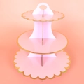 Three-tier pink disposable paper cupcake stand with elegant gold wavy foil edges - Rose Red Scalloped Edge