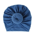 Detailed view of blue knitted rayon baby turban hat with a center donut knot - One Size / Denim Blue
