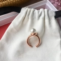 Minimalist rose gold open ring with natural freshwater pearl on white gift pouch - Adjustable Open / Rose Gold