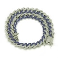 Iced out silver cuban chain necklace with blue and white crystals on white background - Silver Blue Rhinestone