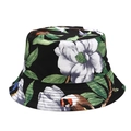 Detailed close-up of tropical floral and kingfisher bird pattern on black bucket hat - M(56-58cm) / Black Floral Bird Print (YFM646-B)