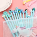 Blue cartoon gel pen set with unicorn motifs in a transparent PVC pouch for students - 10 Pens + Pencil Case / Blue Series