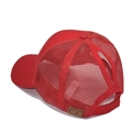 Detail view of red cotton baseball cap with ponytail hole and C.C brand leather patch - No Label Ponytail Cap / Red