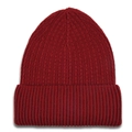 Close-up of dark red beanie featuring thick rib-knit texture and warm folded cuff design - Burgundy