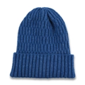 Detailed close-up of dark blue ribbed knit texture and wide folded cuff on beanie hat - Blue