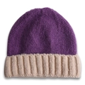 Bonnet en grosse maille bicolore pour enfant violet et beige avec revers côtelé - Chapeau pour enfant / Violet + Revers Beige