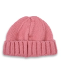 Detail of rose pink knitted beanie with thick ribbed weave and wide cuff design - Pink