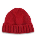 Detailed close-up of a red chunky knit beanie with classic ribbed texture and folded cuff - Red