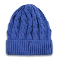 Detail view of the thick cable-knit pattern and ribbed cuff on this bright blue beanie - Blue