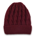 Detailed view of the burgundy chunky cable knit beanie with ribbed fold-over cuff design - Burgundy