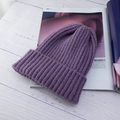 Purple ribbed knit beanie for women in soft wool blend with stylish turn-up cuff - One Size (High Elasticity) / Smoky Purple
