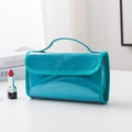 Trousse de toilette portable bleu paon scintillante en PVC étanche avec poignée solide - Bleu