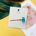 Cute blue acrylic jelly bear hair clip with golden alloy pin on display card - Blue